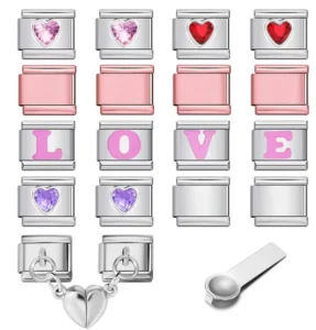 RENSINO LOVE Letter & Heart Crystal Charms with Split Tool 9mm Italian Charms Stainless Steel DIY Charms for Women Bracelet