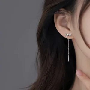 RENSINO LT EX172 New Trendy Luxury Korean Style Earrings 925 Sterling Silver Bow Ear Thread with Zircon Drop Earrings for Women