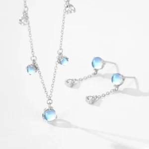 RENSINO Ladies 925 Sterling Silver Dainty Moonstone Tassel Necklace and Earring Jewelry Set