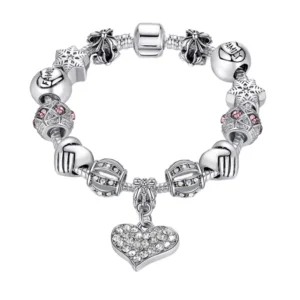 RENSINO Ladies Fashion Silver Bracelet with Snowflake Love Pendant Crystal Charm Bracelet for Women