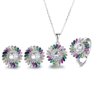 RENSINO Ladies Jewelry Set Colorful Gems Neckchain Pendant Earring Ring Wedding Gift