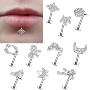 RENSINO Ladies Lip Stud G23 Titanium Rod External Thread Piercing Earrings Horseshoe Ring Zircon Body Piercing Jewelry