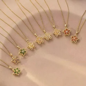RENSINO Ladies’ Rotating Necklace Stainless Steel Chain Copper Inlaid Zircon Flower Pendant Necklace