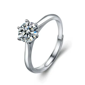 RENSINO Ladies Single Round 1CT Diamond Wedding Ring 925 Sterling Silver Adjustable Ring Moissanite Six Claw Valentine Day Finger Ring