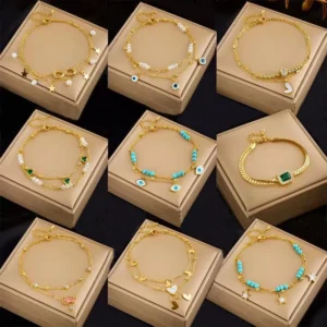 RENSINO Ladies Stainless Steel Anklets Double Pearl Eyes Star Turquoise Pendant Stainless Steel Anklet