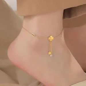 RENSINO Lady Four Leaf Clover Anklet Stainless Steel Tassel Stainless Steel Anklet Does Not Fade Fashion Jewelry Anklets