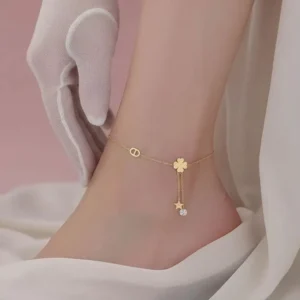 RENSINO Lady Four Leaf Clover Anklet Stainless Steel Tassel Titanium Steel Anklet Does Fade Fashion Jewelry