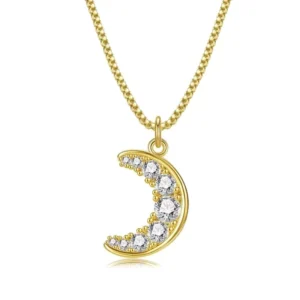 RENSINO Lady Jewelry 925 Silver Necklace Sparkling White Stones Crescent Moon Pendant Necklace