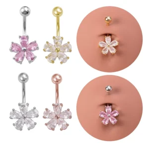 RENSINO Lady Zircon Stainless Steel Flower Belly Ring Wedding Engagement Navel Piercing Jewelry Fashion Navel Ring