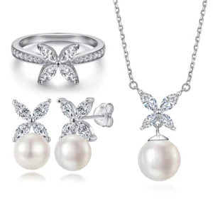 RENSINO Laodun Luxury Zircon Butterfly Pendant Women Jewelry Set S925 Sterling Silver Freshwater Pearl Necklaces Earrings and Ring