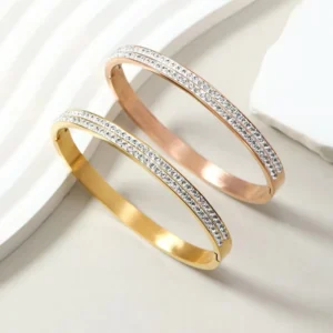 RENSINO Latest 18K Genuine Gold Plated Women’s Bracelet with Two Rows of Diamond Style Stainless Steel Water Diamond Bracelet Gift