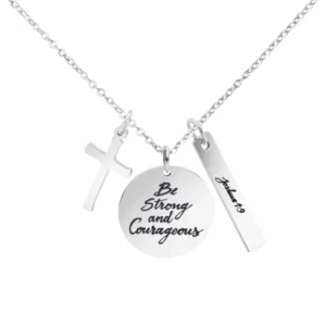 RENSINO Latest Fashion Custom Engraved Stainless Steel Silver Round Bar Religious Cross Pendant Necklace Jewelry