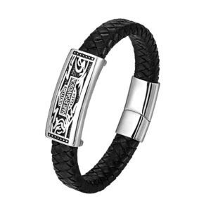 RENSINO Leather Bracelet for Men Rectangle Letter Skull Shield Charm Bracelet Bangle Stainless Steel Magnetic Clasp Buckle