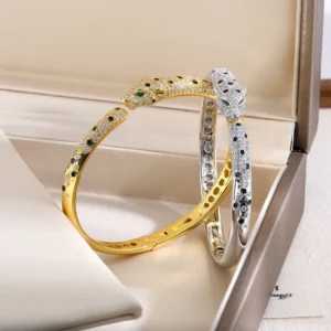 RENSINO Leopard Head Zircon 18K Gold Plated Sterling Silver Women’s Fashion Open Cuff Bangle Luxury Design Jewelry