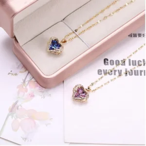 RENSINO Light Luxury High end Ocean Heart Necklace Pendant Women’s Blue Crystal Heart shaped Collarbone Chain