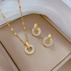 RENSINO Light Luxury Jewelry Micro-Inlaid Personality Full Diamond Hoop Stainless Steel Necklace Earrings Set