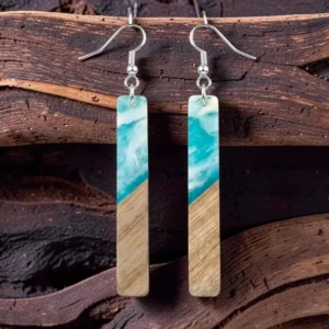 RENSINO Lightweight Long Strip Sea Wave Wooden Ear Pendant Waterproof Epoxy Resin Women Ear Ornament for Seaside Vacation Daily Wear