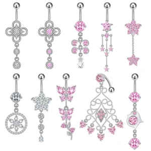 RENSINO Lingchee 14G Hypoallergenic Surgical Steel Belly Button Ring Pink Cubic Zirconia Belly Button Barbells Body Piercing Jewelry