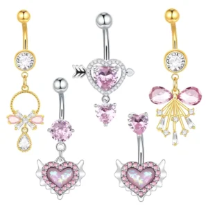 RENSINO Lingchee Stainless Steel Bar Pink Heart Shaped Zircon Opal Belly Button Ring Navel Ring Body Piercing Jewelry for Girls