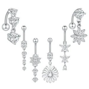 RENSINO Lingchee Zircon Belly Ring Stainless Steel Piercing Jewelry Heart Pendant Belly Button Stud Women’s Sex Appeal Body Jewelry