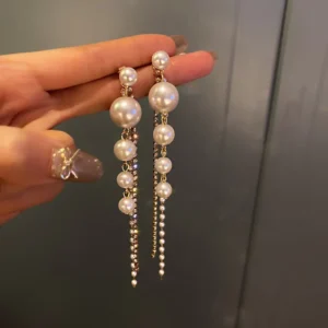 RENSINO Long Pearl Tassel Drop Dangle Earrings for Women Faux Pearl Zircon Chain Statement Wedding Bridal Party Jewelry