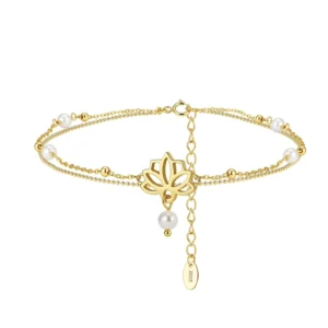 RENSINO Lotus Flower 925 Sterling Silver Freshwater Pearl Anklet Double Layer Chain Yoga Jewelry Elegant Boho Jewelry
