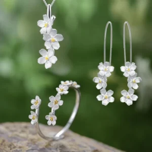 RENSINO Lotus Fun 18k Gold Plated 925 Sterling Silver Handmade Forget me not Flower Pendant Ring Earrings Luxury Jewelry Set for Women