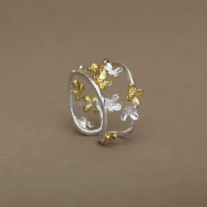 RENSINO Lotus Fun Handmade 925 Sterling Silver 18k Gold Plated Osmanthus Flower Intertwined Width Adjustable Rings for Women Fine Jewelry