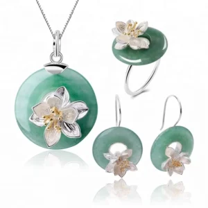 RENSINO Lotus Fun Round Lotus Whispers Shape Ring Drop Earring Pendant Necklace 925 Sliver Jade Jewelry Sets for Women