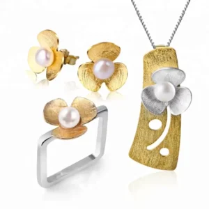 RENSINO Lotus Fun18K Gold Plated 925 Sterling Silver Stud Earring Ring Pendant Necklace Gold Fresh Water Pearls Jewelry Set for Women