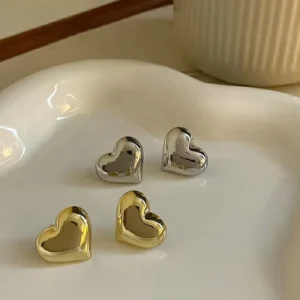 RENSINO Love Heart Stud Earrings 18K Real Gold Plated Chunky Jewelry No Allergic Valentine’s Day Heart Earring 925 Silver Pins for Women