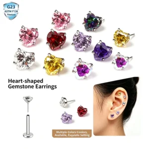 RENSINO Love Zircon Earrings Insert Pin Models F136 Titanium Labret Piercing G23 Body Jewelry Gemstone Piercing Wedding