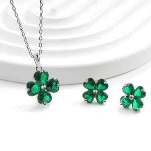 RENSINO Lucky Fine S925 Pink Green Shiny Cubic Zircon Four Leaf Clover Pendant Necklace Stud Earrings 925 Sterling Silver Jewelry Sets