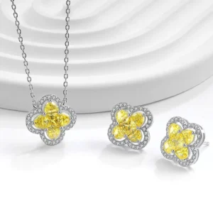 RENSINO Lucky Fine S925 Yellow Pink Color Cubic Zircon Elegance Four Leaf Clover 925 Sterling Silver Necklace Earrings Jewelry Sets