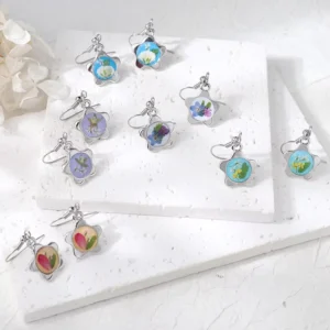 RENSINO Lucky Four Leaf Clover Silver Plated Stainless Steel Stud Earrings Real Dried Flower Resin Pendant