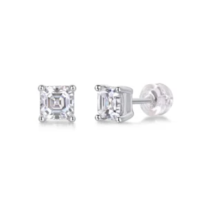 RENSINO Luxulry Moissanite Stud Earrings 925 Sterling Silver VVS Moissanite Earrings Asscher Cut Earrings Studs