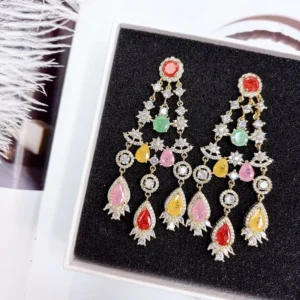 RENSINO Luxurious Colored Zircon Droplet-shaped Tassel Earrings Long-style Drop Earrings High-end Banquet Jewelry