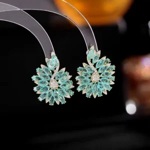 RENSINO Luxurious Copper Zircon Flower Stud Earrings Flame Leaves Earrings for Women Sparkly Party Jewelry