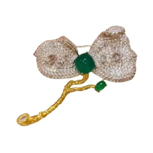RENSINO Luxurious Exquisite Ladies’ Brooches Delicate Emerald Zircon Vintage Wedding Gift Brooch Silver Plated Wings Design for Daily
