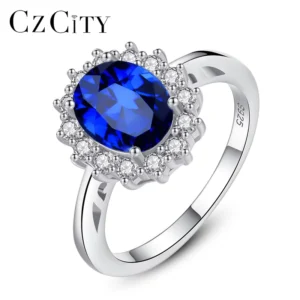 RENSINO Luxurious Zircon Blue Princess Diana Solid 925 Sterling Silver Synthetic Gemstone Women Engagement Rings