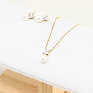 RENSINO Luxury 14K Gold Plated Stainless Steel Necklace Earrings Set White Zircon Pearls Women Gift Hypoallergenic Durable