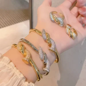 RENSINO Luxury 18K Gold Silver Plated Fashion Statement Sets for Women Designer Big Nail Bangle Ring Set for Weddings Parties