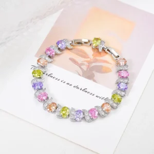 RENSINO Luxury 3A Zircon Rhinestone Crystal Silver Gold Plated Flower Design Chain Link Bracelets Pink Blue Green Women Men Tennis Style