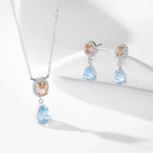 RENSINO Luxury 925 Sterling Silver Colorful Zircon Necklaces and Earring Jewelry Set for Wedding