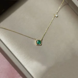 RENSINO Luxury 925 Sterling Silver Emerald Green CZ Necklace Square Pendant Necklace for Women Gold Plated Gift
