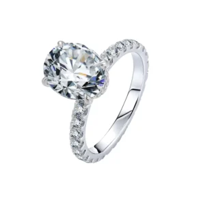 RENSINO Luxury 925 Sterling Silver Oval Cut Solitaire Ring Pave Band Shiny Moissanite Engagement Wedding Ring for Women Fine Jewelry