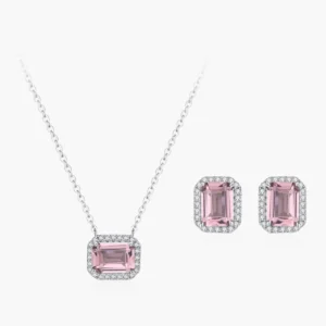 RENSINO Luxury 925 Sterling Silver Pink Rectangle Emerald Cut Zircon Earrings Pendant Necklace for Women Wedding Jewelry Set