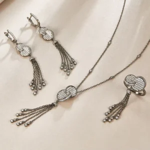 RENSINO Luxury 925 Sterling Silver Tassel Necklace Earrings Ring Jewelry Set for Women