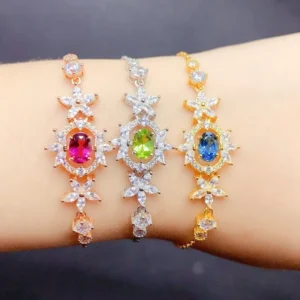 RENSINO Luxury 925 Sterling Silver Women’s Bracelet Gold plated Oval Cut Natural Topaz Garnet Olivine Fashion Jewelry Bracelets Bangles