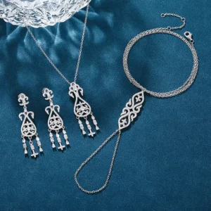 RENSINO Luxury 925 Sterling Silver Zircon Trendy Back Hand Chain Jewelry Set For Women Elegant Fleur De Lis Design Engagement Wedding